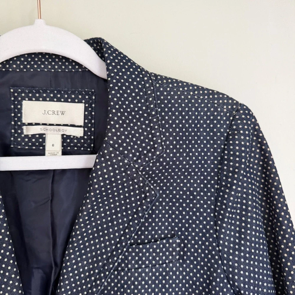 J. Crew Women's Schoolboy Blazer Blue White Polkadot Preppy Academia Cotton SZ 6